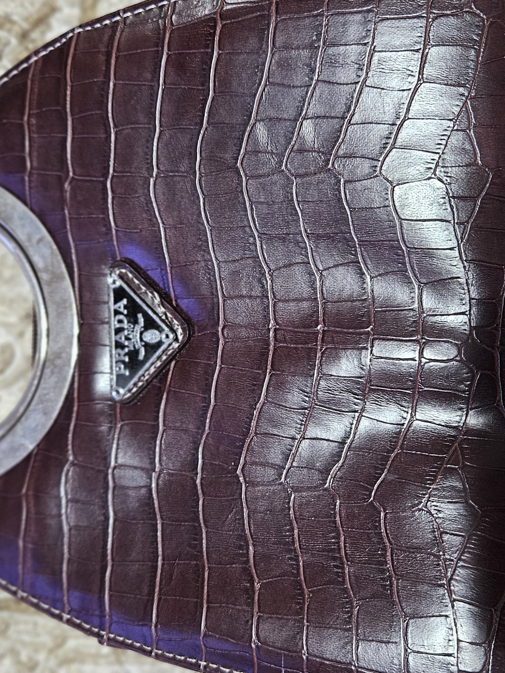 Prada Croc-Embossed Leather Handbag in Deep Plum